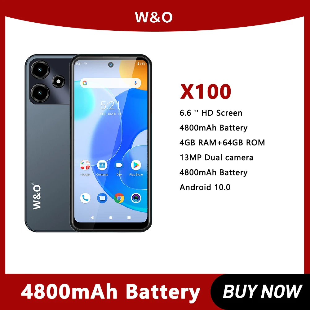 W & O-X100-teléfono inteligente ultradelgado con Android 10, Smartphone de 6,6 pulgadas, 4GB de RAM, 64GB de ROM, batería de 4800mAh, cuatro cámaras de 13MP, SIM Dual