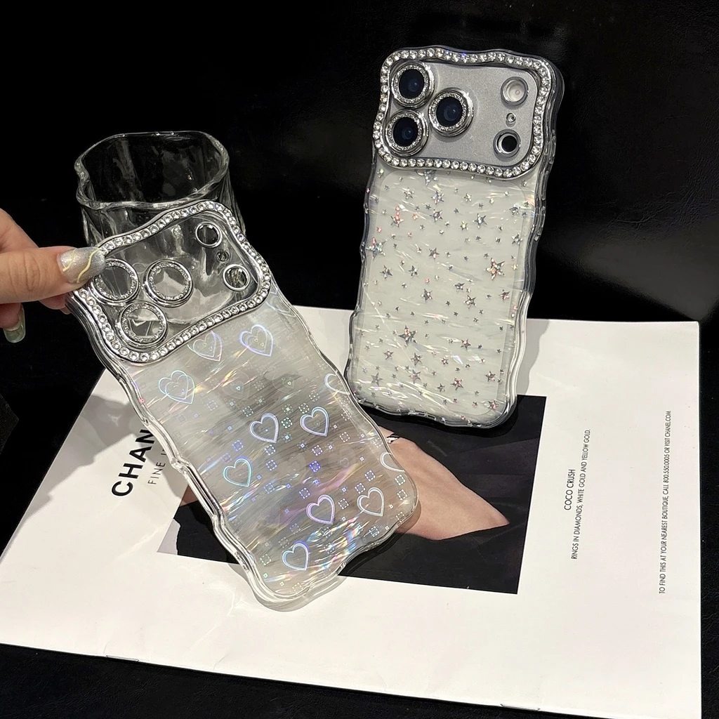 

Роскошный чехол для телефона с лазерным сердечком и звездами и стеклянной пленкой для камеры для iPhone 17, 16, 15, 14, 13 Pro Max Plus Air