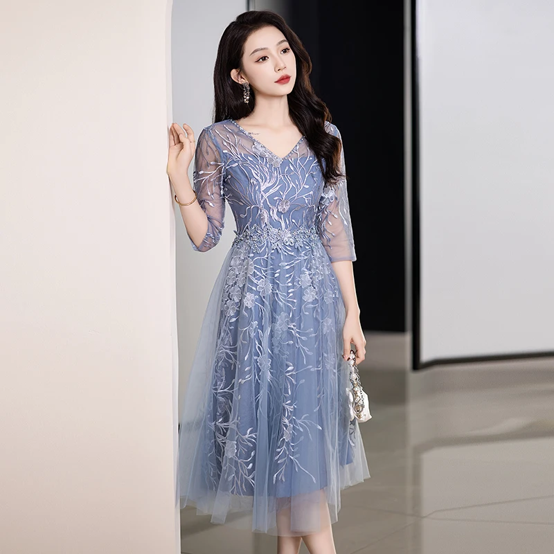 Blue Lace Mother Of The Bride Dresses Elegant V-Neck A-Line Tea-Length Tulle Women Wedding Party Gowns