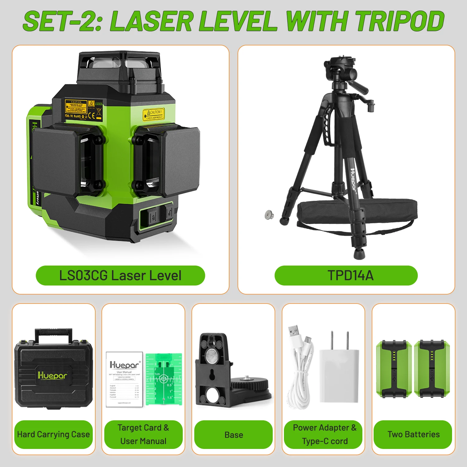Huepar Ls03cg 3d Cross Line Laser Level Set 2 Stuks Lithium Batterijen 12 Lijnen Osram Zelfnivellerende Laser Tool Met Ontvanger Statief - afbeelding 1