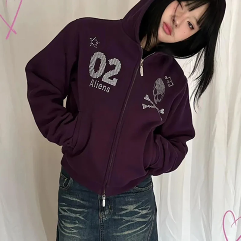 الأمريكية خمر الثقيلة هوديي المرأة طويلة الأكمام زمم حجر الراين البلوز Harajuku Y2K الجمجمة الشارع معطف غير رسمي