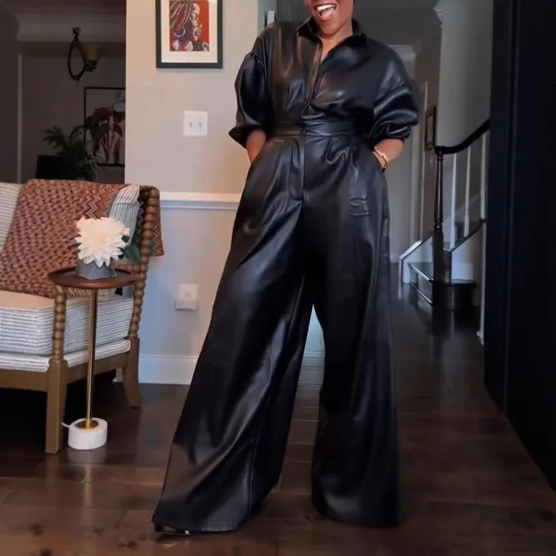 

Новый драпированный черный свободный повседневный комплект тонкой кожаной куртки с высокой талией и широкими штанинами