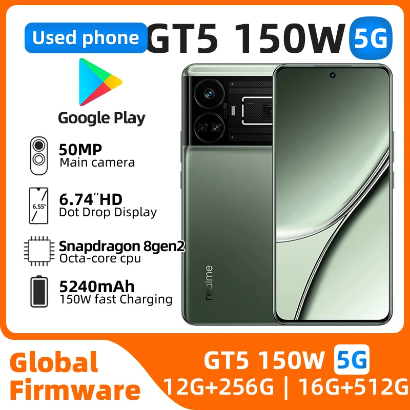 Global Rom Original Realme GT5 Snapdragon 8Gen2 5240 mAh IMX890 OIS 2772*1240 144Hz Wifi 7 Main Camera 50MP NFC OTA used phone