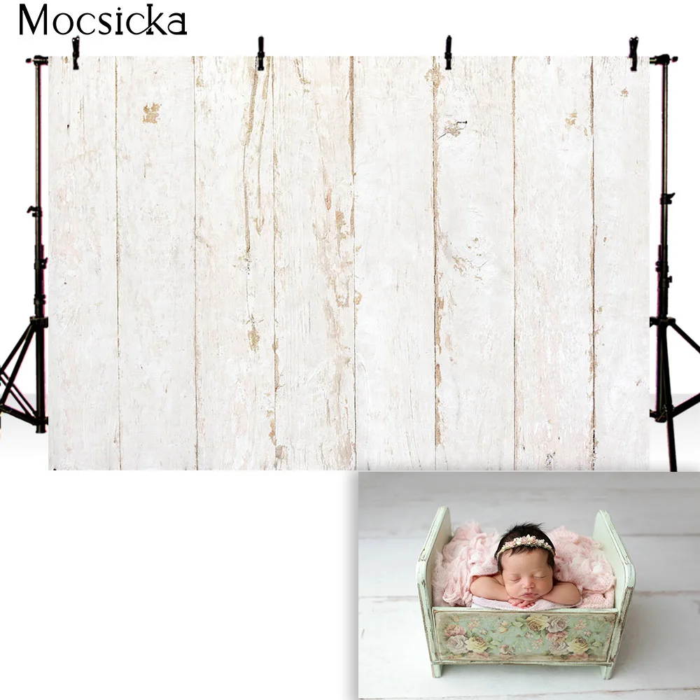 Mocsicka Wood Floor Photography Background Newborn Portrait Photo Wallpaper Rubber Mat White Brown Decorative Props Studio Booth