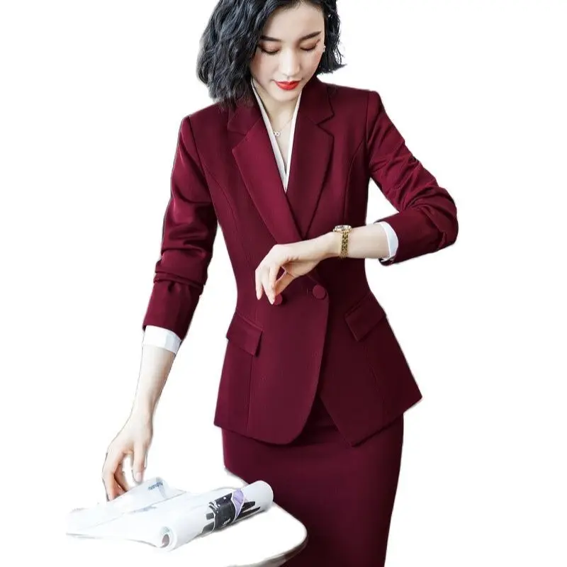 Novelty Wine Formal Women Business Suits with Skirt and Jackets Coat Ladies Office  Professional Blazers Autumn Winter OL Styles