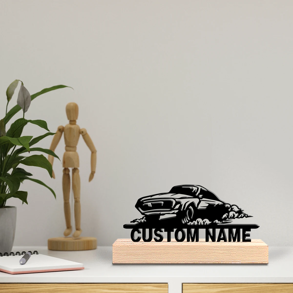 1pc Fun Personalized Custom Sedan Metal Art With Wooden Base Tabletop Decoration Wooden Base Entryway Decor for Modern Farmhous