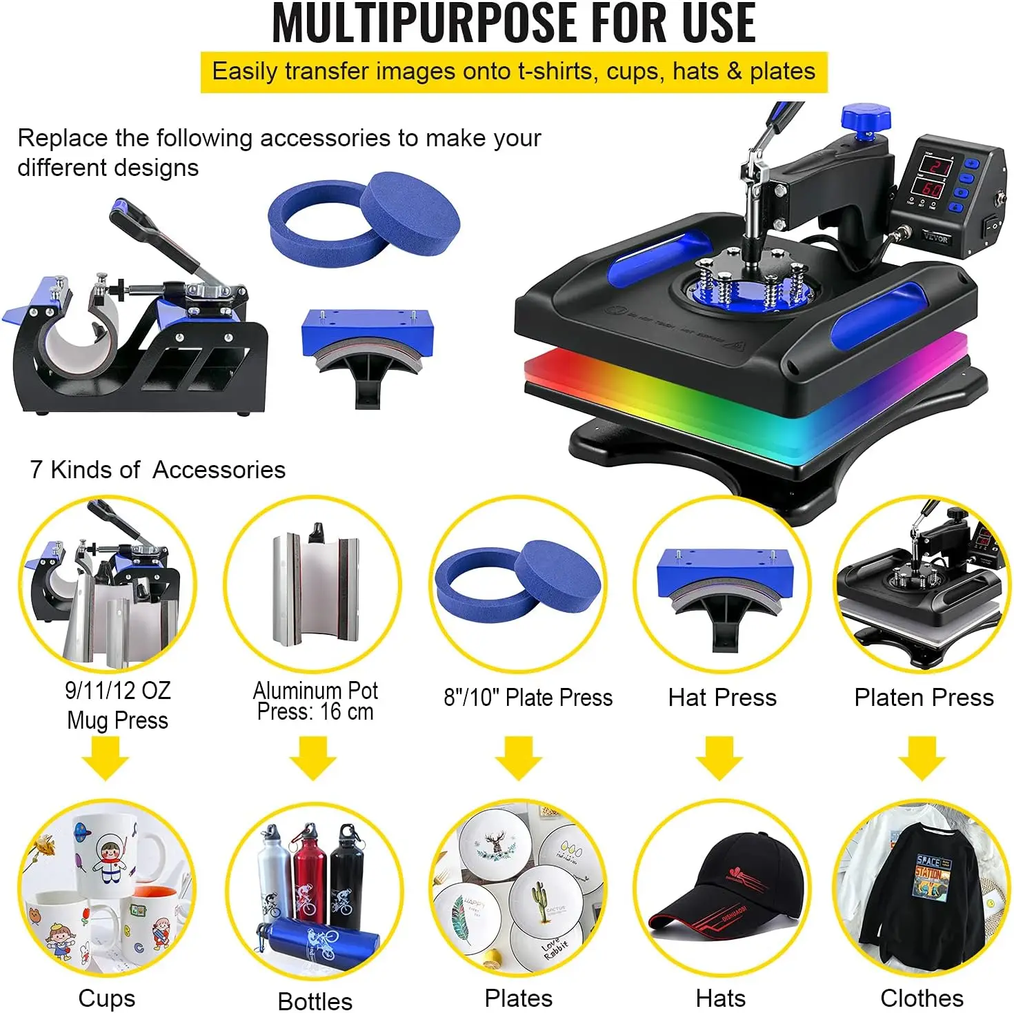 Upgraded Heat Press Machine - 8 in 1 Heat Press 15x15 360° Swing Away for Sublimation DIY Heat Transfer Projects