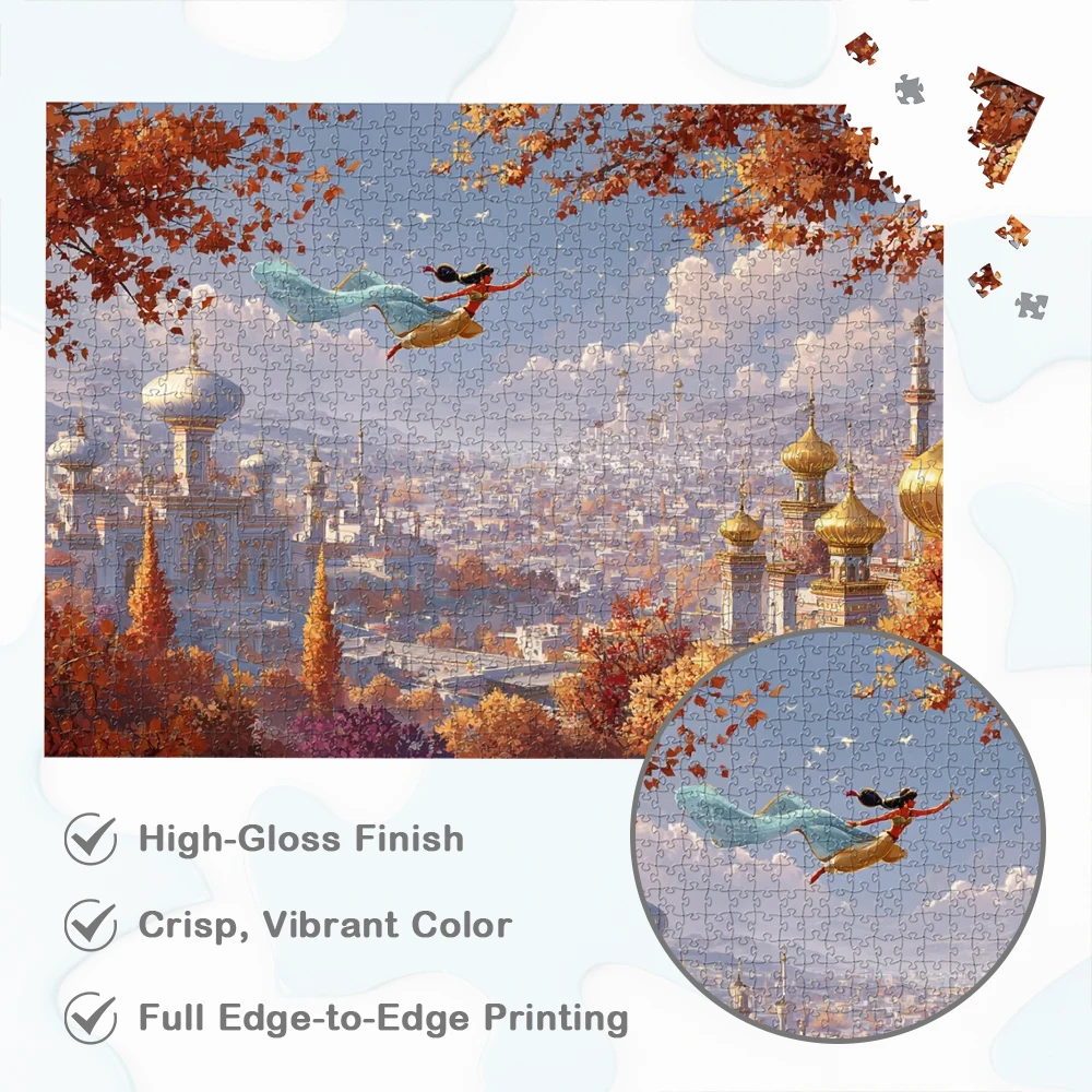 Aladdin and Jasmine Disney Puzzle Flying over a Golden City Cartoon Large Adult Jigsaw Autumn Charm Trees Adults Game and Puzzle