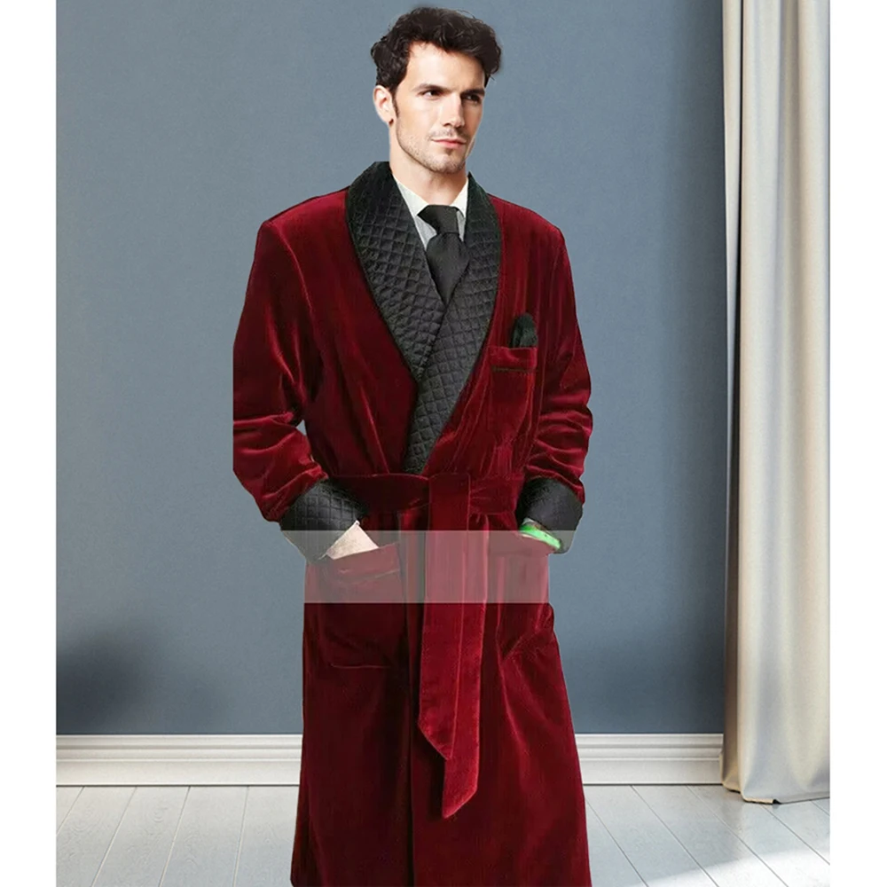 Burgundy Velvet Men's Suits Casual Smoking Blazer Shawl Lapel Double Breasted 1 Piece Jacket Outfits Daily Male Clothing 2024