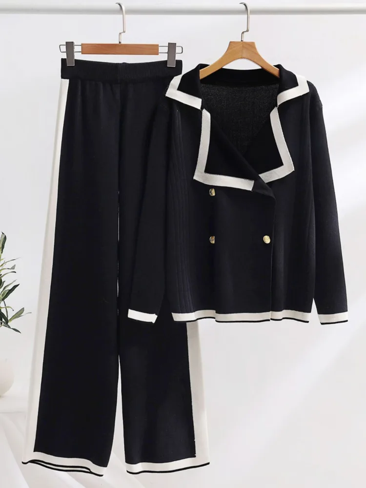 LANMREM Contrast Color 2 Piece Set Women Fashion Double Breasted Coat Wide Leg Pants Striped Sets Casual 2024 New 2AA4331