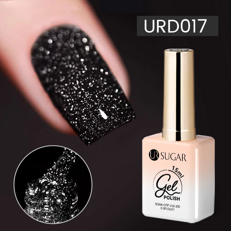 UR SUGAR 15ml Glitter เจลสะท้อนแสง Dark Flash Effect Sparkly สีดํากึ่งถาวร Soak Off UV LED เจลเล็บเคลือบเงา Manicur