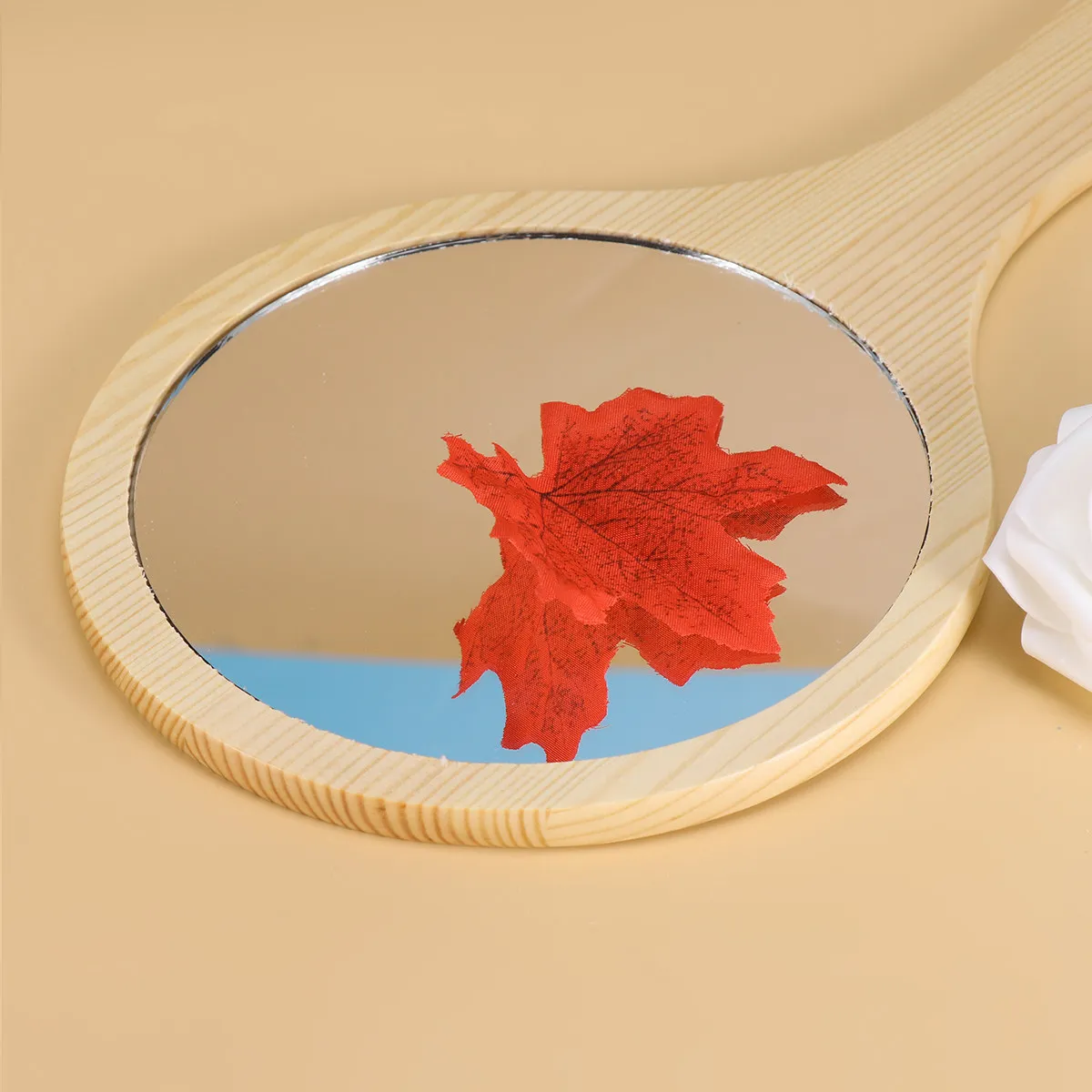 1Pcs Premium Wood Handle Mirror Large Surface Distortion-Free Reflection Handheld Mirror for Makeup Application Wall