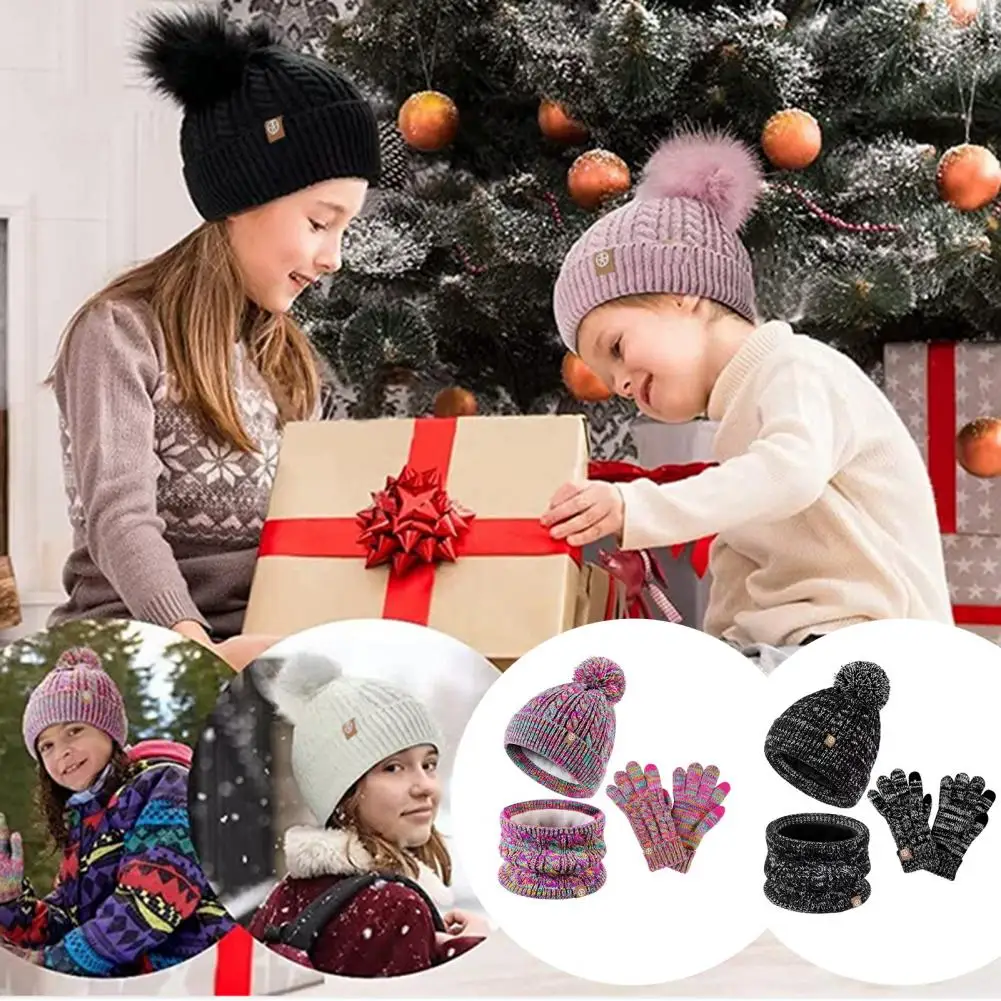 5-12 Years Kids Hat Kids Winter Outdoor Windproof 3pcs Set Knitted Thickened Hat Gloves Neck Warmer for 5-12 Years Pompom Beanie