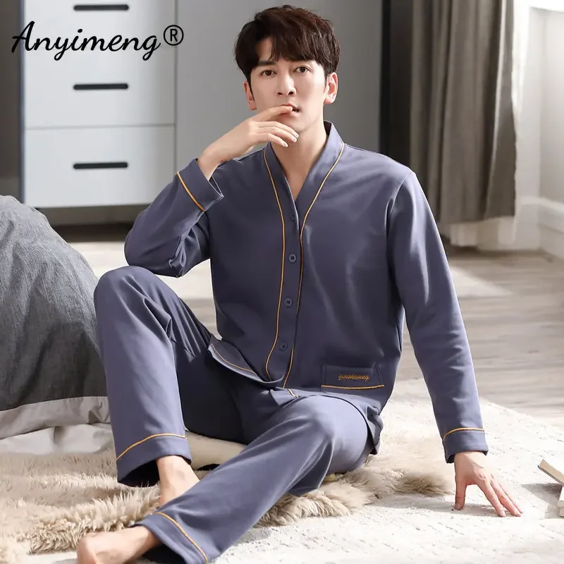 Plus Size 4XL Pajamas for Men Autumn Winter Fashion Pijamas New Mens Leisure Sleepwear Soft Cotton Grey Plain Cardigan Pijamas