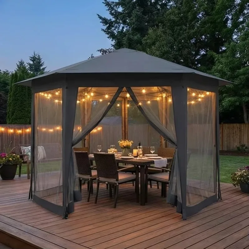 Waterproof Patio Furniture Backyard Deck Pavilion Shelter Netting Curtains Hexagon Foldable Gazebo Tent