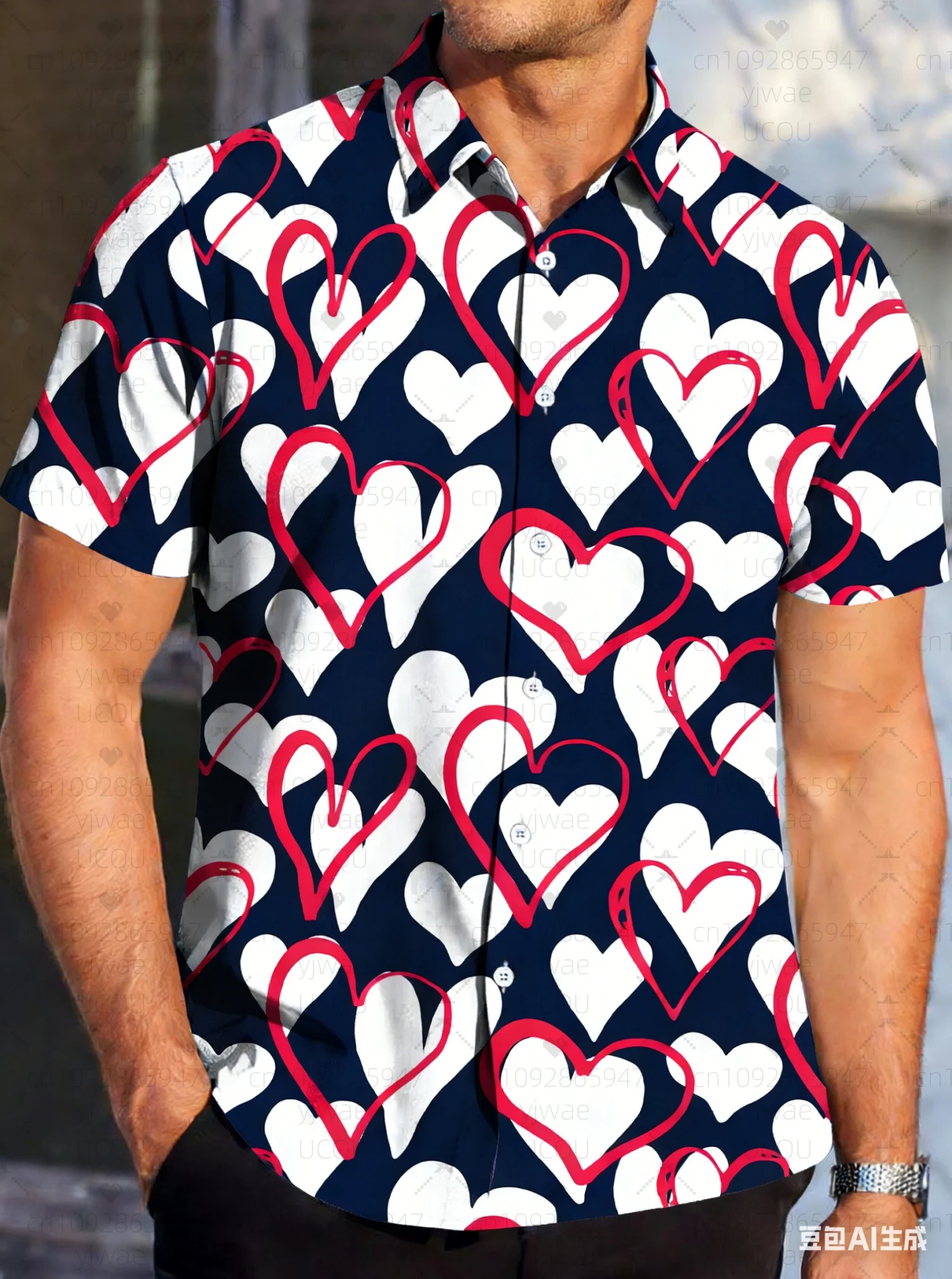 NEW Valentines Day Mens Casual Short Sleeve Shirt Red Heart Print Men's Casual Button-Down Shirts For Summer COUPLE Wear Shirts