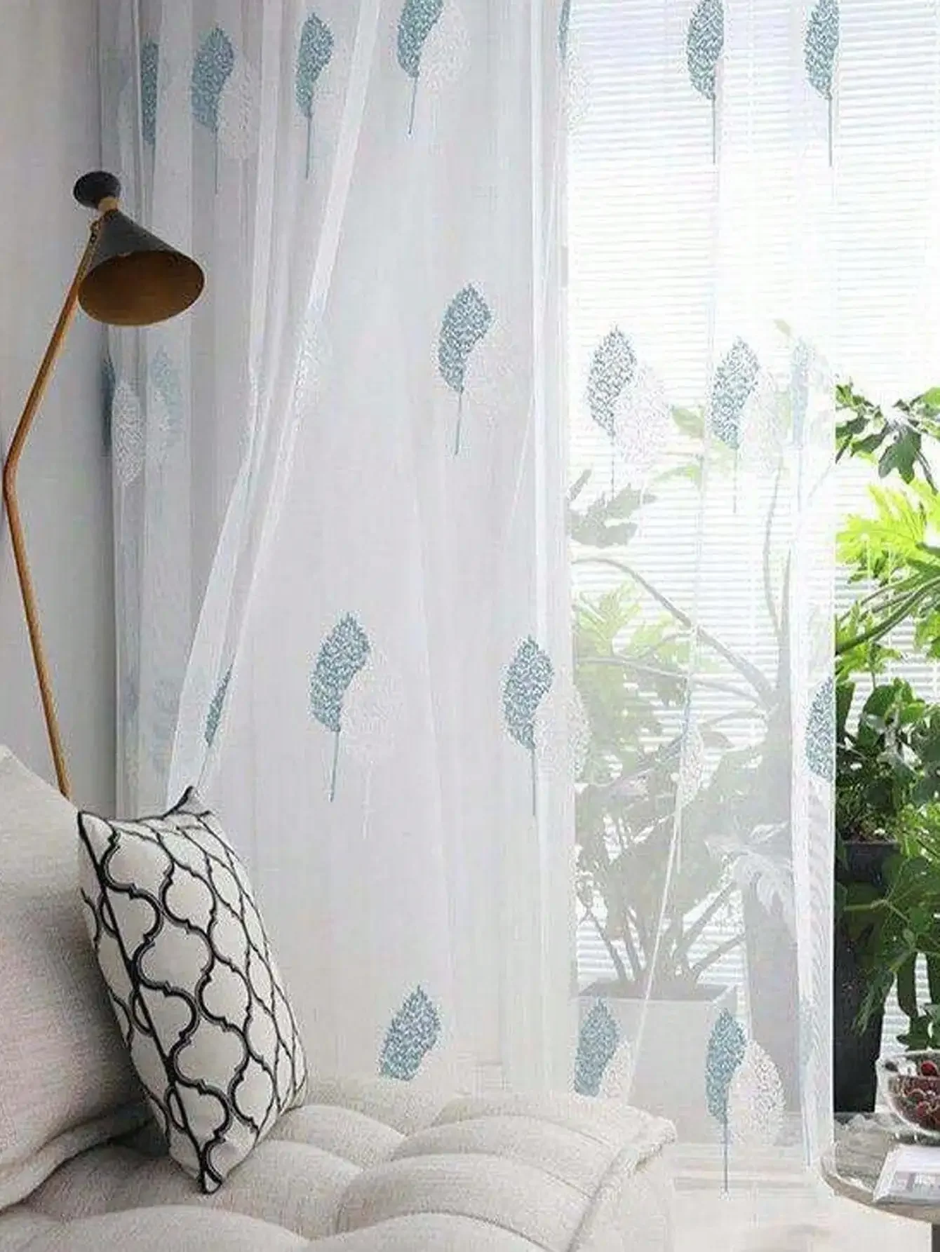 1PC Nordic Style Simple Modern Small Tree Embroidery Small Fresh Embroidery Floor-to-ceiling Window Screen Curtain