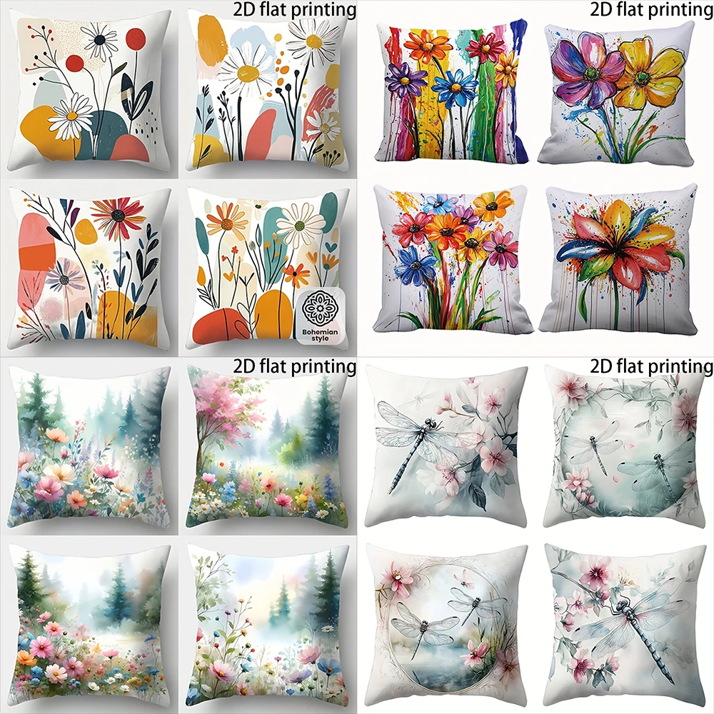 Short plush material pillowcase2D FLAT-4 pieces Dragonfly & Flower Pillow Covers , Suitable for family sofas, farmhouse decorati