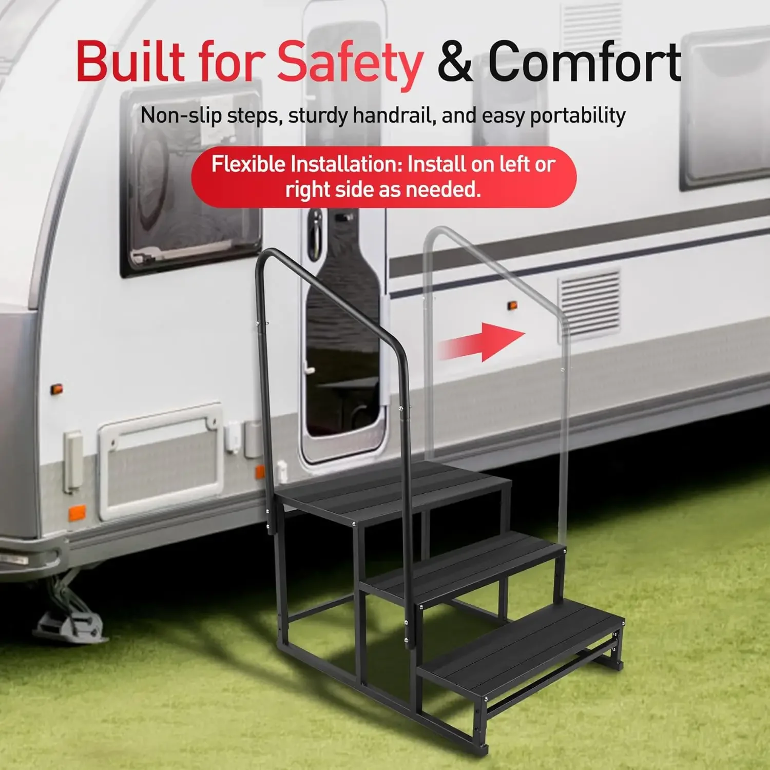 RV steps with handrails, 3 step stool with handle, suitable for the elderly, wide platform and non-slip pad,