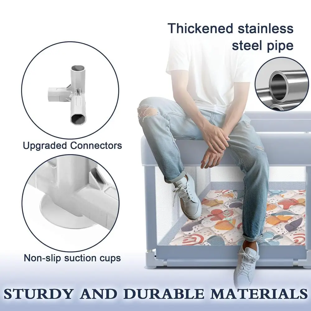 50 Grey Baby Playpen with Mat, Safe Indoor/Outdoor Play Center for Infants & Toddlers, Breathable Mesh & Skin-Friendly Fabric