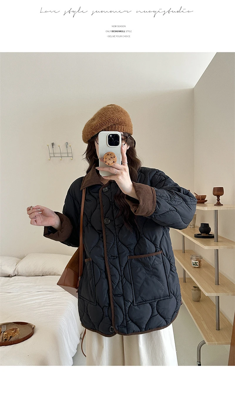 Autumn Down Cotton Padded Jacket Women's 2025 Contrast Lapel Rhombic Thin Short Loose Spring Cotton Padded Casual Coats Female