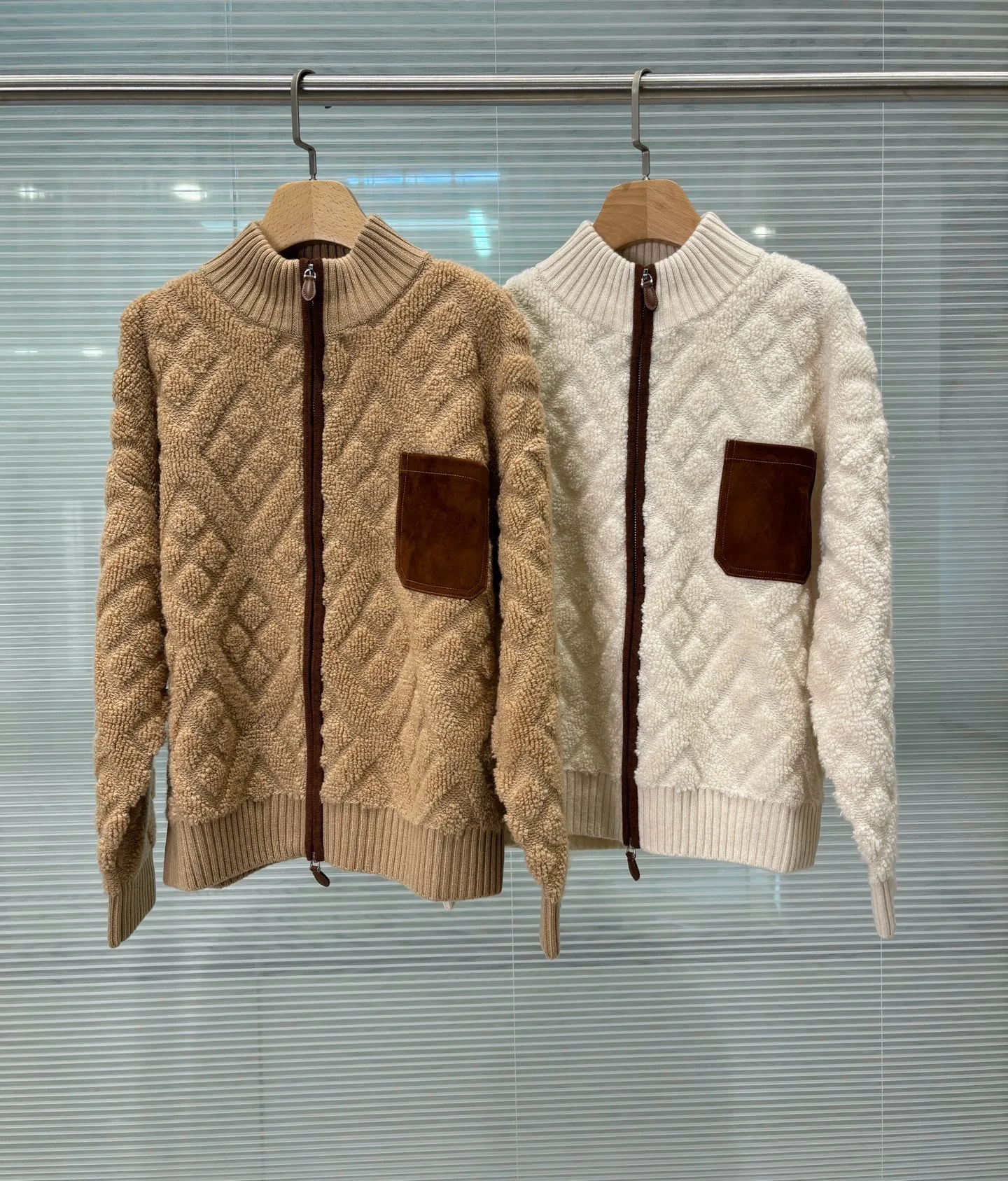 Retro Cable Texture Fleece Knit Zip Jacket Stand Collar Suede Patch Pocket Cardigan for Women