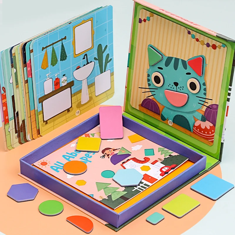 Rompecabezas con imanes, juguetes para bebés, materiales Montessori, forma geométrica, juguetes educativos a juego para niños, Tangram magnético