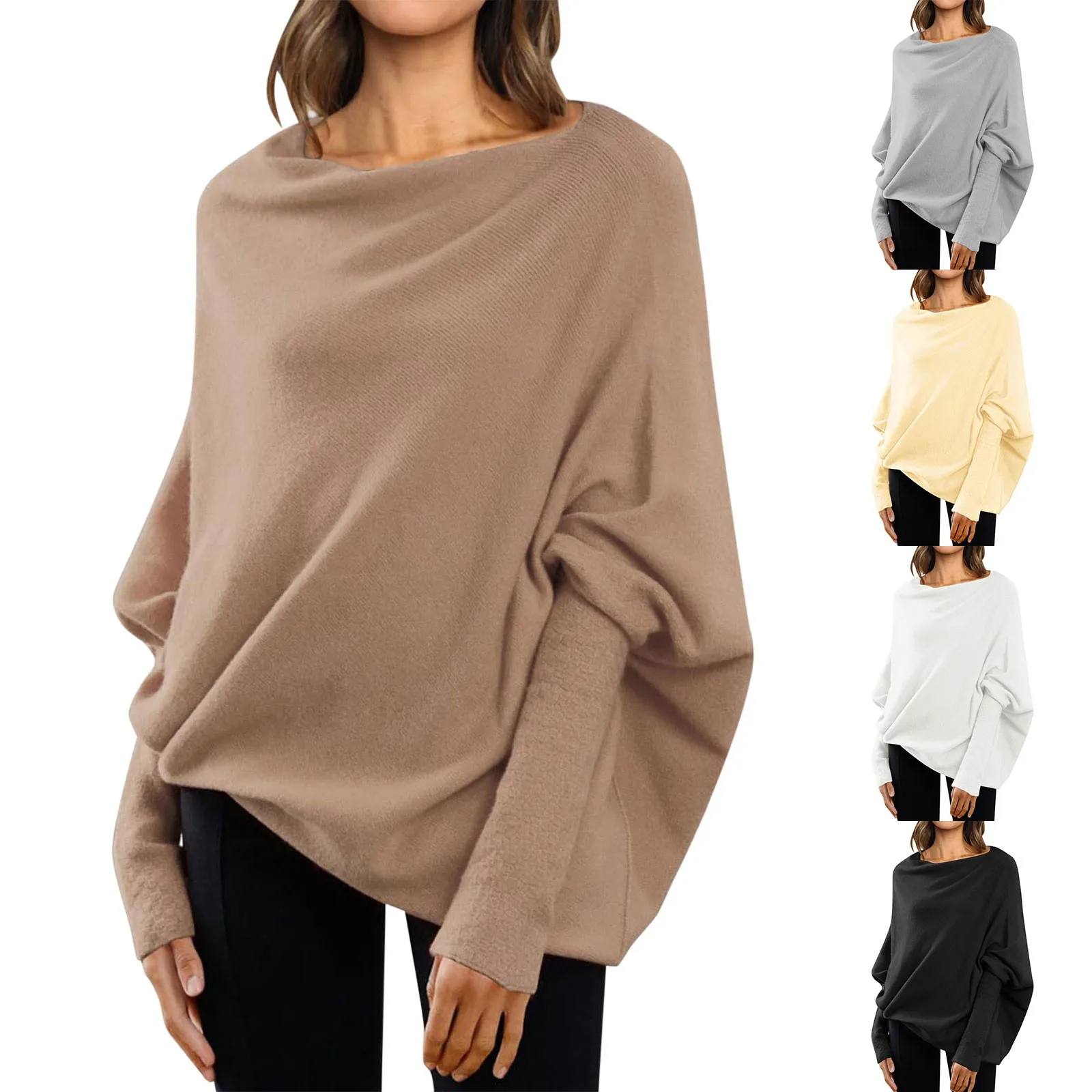 Sweaters Pullovers Women Solid Knitted Cloak Tops Jumpers Round Neck Bat Full Sleeve Splice Loose Casual Tops Autumn Winter