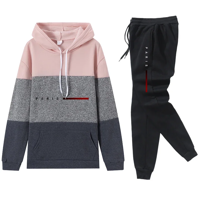 2025, neuer Damen-Trainingsanzug, bedruckt, Farbblock, Kapuzenpullover, Hosenanzug, modisch, Sport, Jogging-Set, Straße, warme Freizeitkleidung
