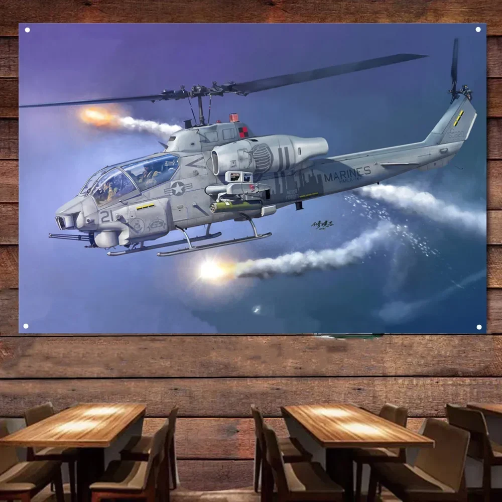 AH-1W Super Cobra Attack Helicopter Poster Wall Hanging Flag Air Force Canvas Art Painting Wall Decor Banner For Military Buffs