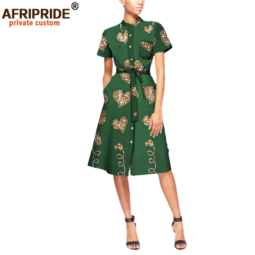 African Dresses for Women Casual Wear Plus Size Private Custom Short Sleeve Knee-length Button Dress with Sashes A7225109