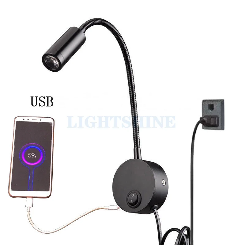

Bedroom Bedside Lamp Hotel Wall Dormitory Eye Protection Reading Lamp With Usb Charging Port 3W With Power Cord