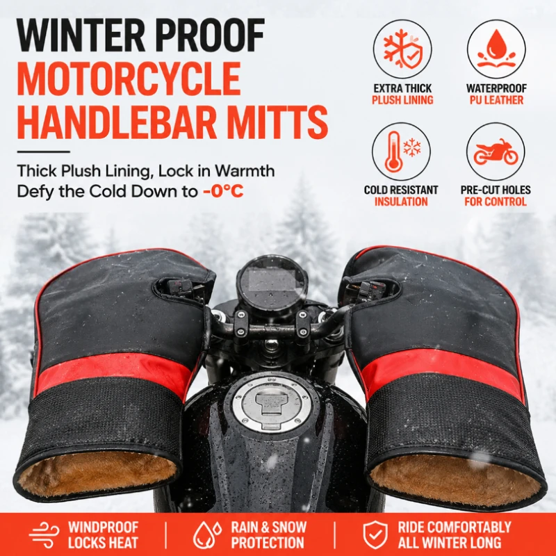

A pair of winter moto handle covers for warmth rain and cold protection motorcycle gloves with plush lining for cold insulation