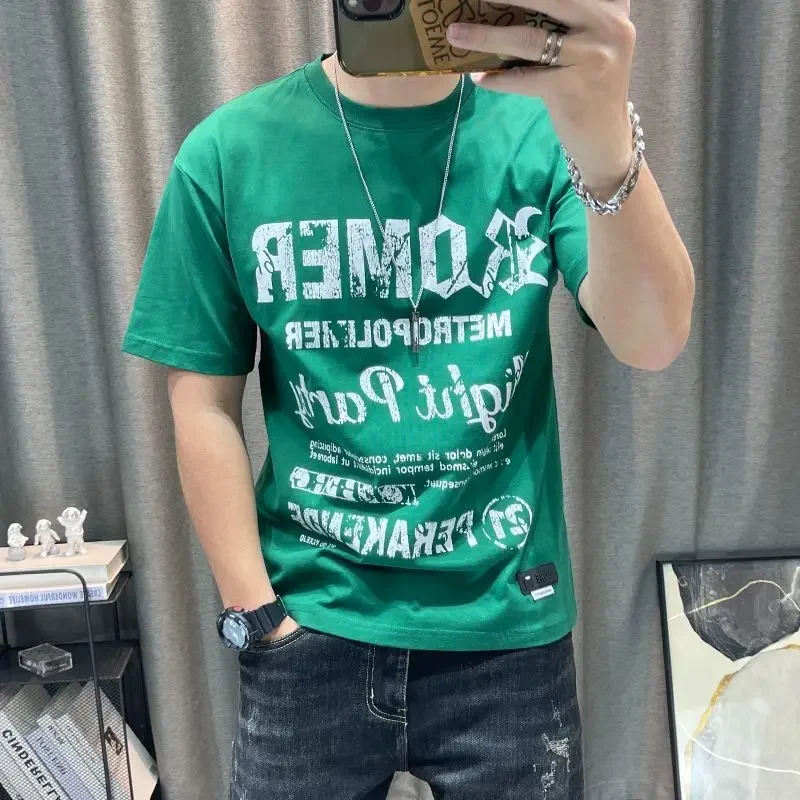 Man Tee Shirts Thin Model Black Alphabet T Shirt for Men Elasticity Casual Luxury High Quality Korean Popular Clothes Funny Top