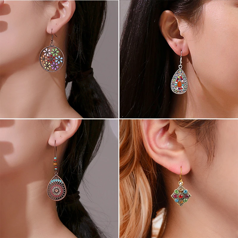 Vintage Ethnic Drop Glaze Rhinestone Flower Dangle Earrings for Women Unique Elegant Boho Beads Geometric Drop Earrings Jewelry