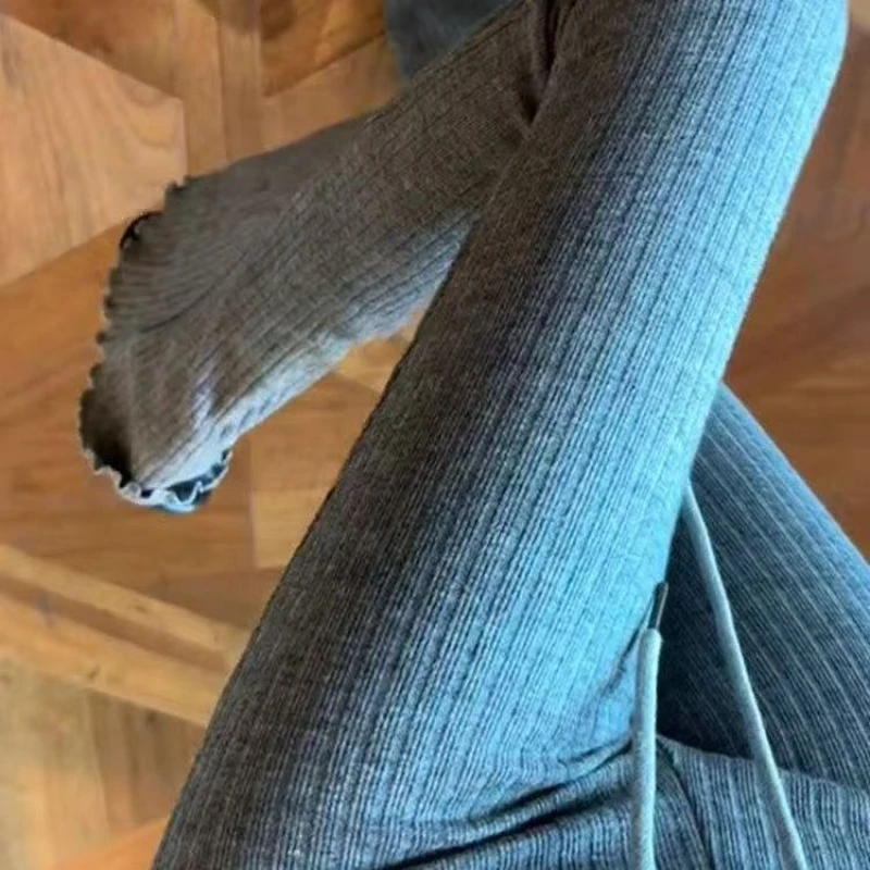 

Autumn and Winter Flared Pants in Premium Blue-gray Knitted Casual Style, New 2025 High-waist Slim-fit Horse Hoof Design