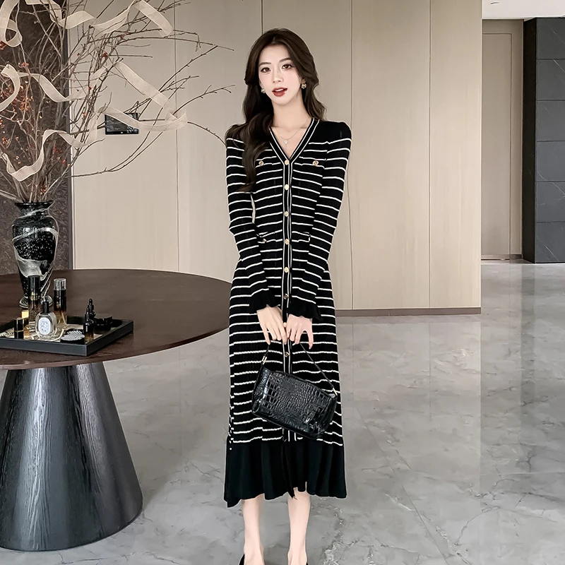 Elegant Women V Neck Single Breasted Sweater Knitting Long Dress French Autumn Winter Striped Hollow Out Slim Mermaid Vestidos