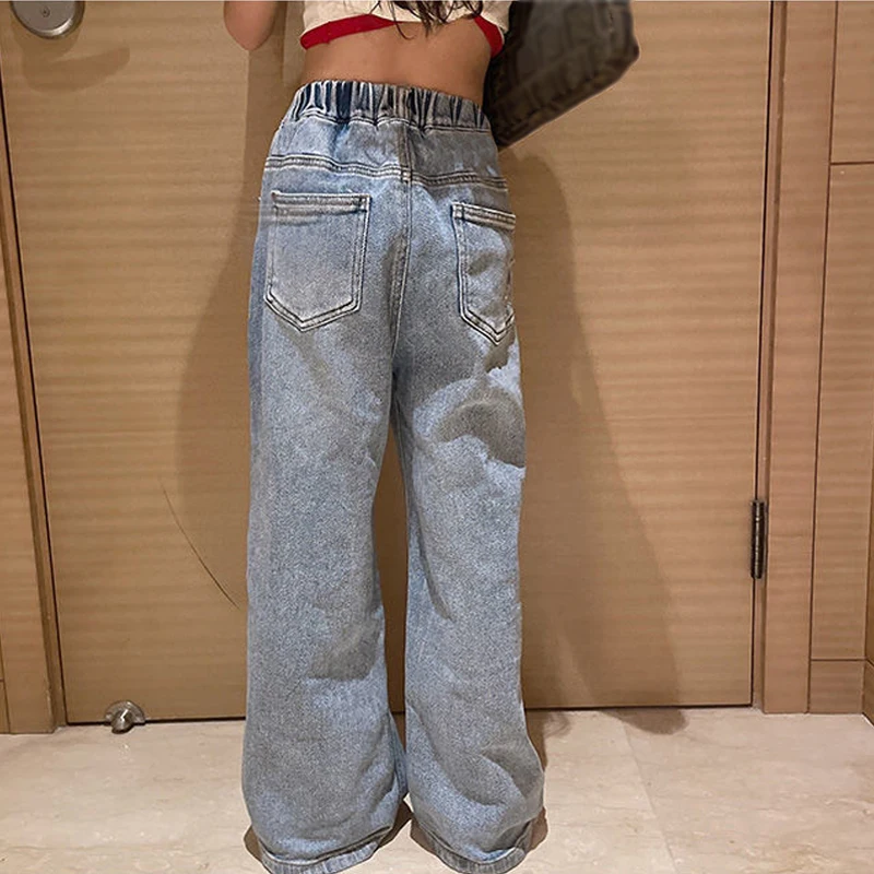 IENENS High Waist Jeans Girl Straight Loose Wide-leg Pants Spring and Autumn Korean Baggy Jeans Fashion Kids Denim Trousers