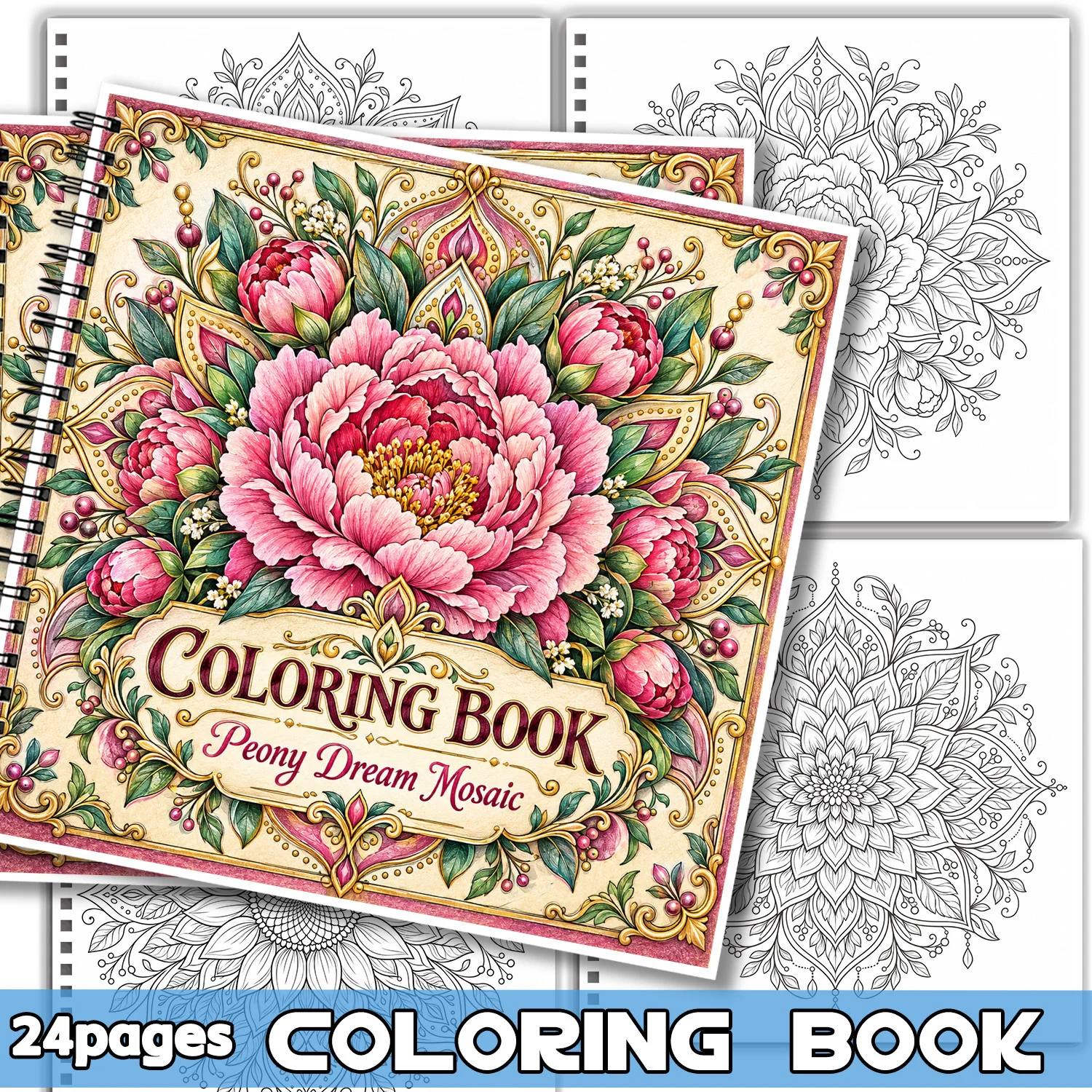 Spiral Binding Coloring Book Peony Dream Mosaic Design For Adults Teens Showcasing Creativity Relieving Stress 24 Sheets