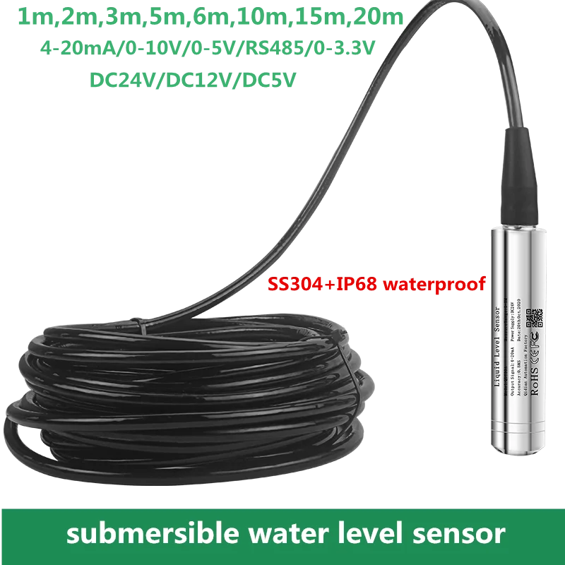 Transmissor de Nível Líquido Hidrostático Transdutor de Nível Líquido Sensor de Nível de Água Rs485 420ma 010v 2m 5m 10m 15m 20m