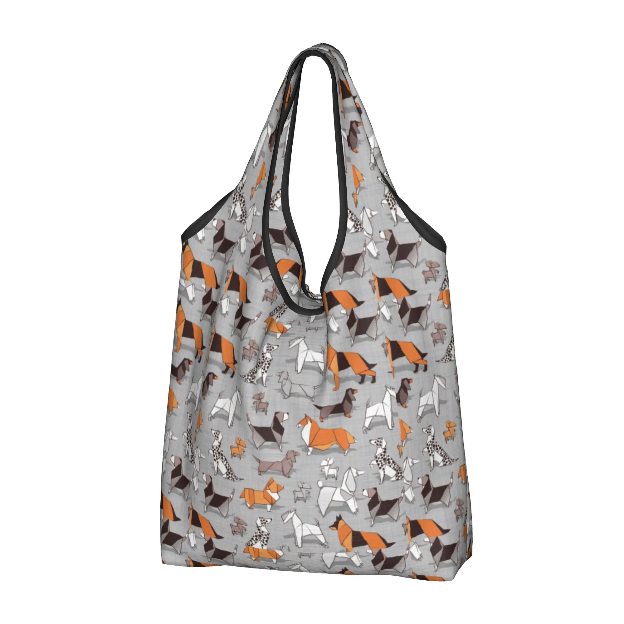 Custom Origami Doggie Friends Shopping Bag Women Portable Big Capacity Grocery Dachshund Beagle Terrier Dog Tote Shopper Bags