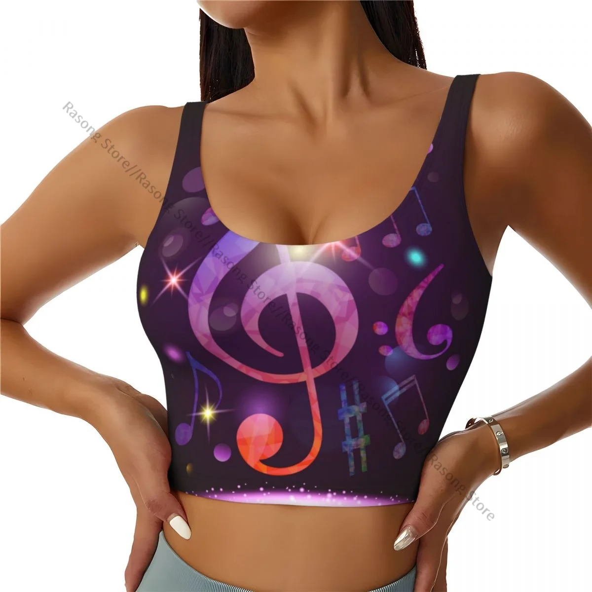 Yoga Vest Women Gym Sports Crop Tops Colorful Music Note Purple Print Streetwear Workout Breathable Tank Top Female