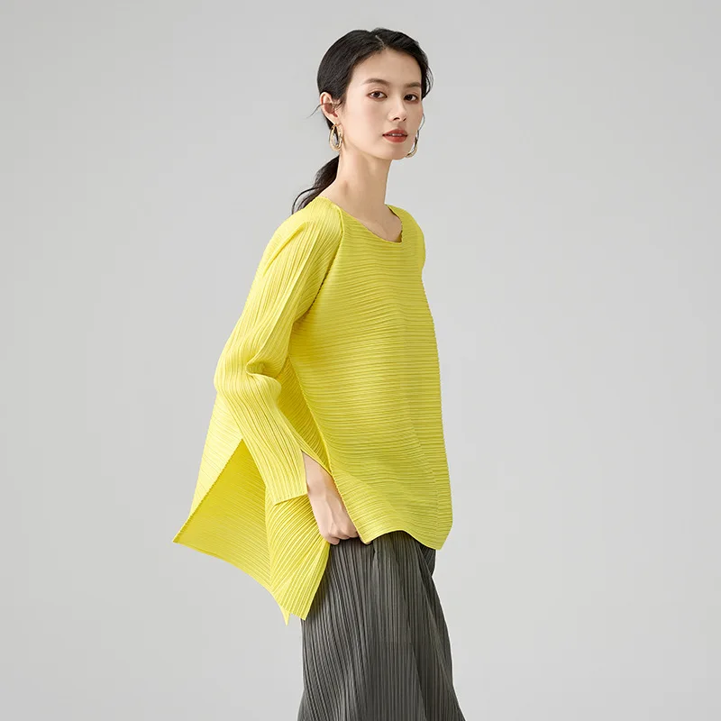 Miyake Pleated Solid Color Short-sleeved Fashion A Word Loose Thin Cuffs Open Fringe Long-sleeved T-shirt 2026 Spring New