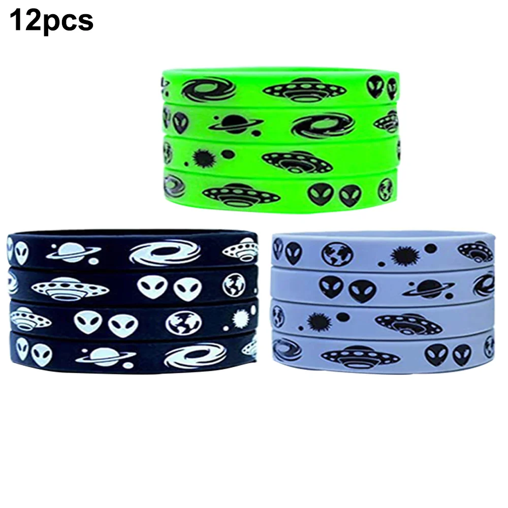 12pcs Space Alien Party Supplies Rubber Bracelet Kids Silicone Wristbands Birthday Favors Outer Galaxy Planet Themed Decoration