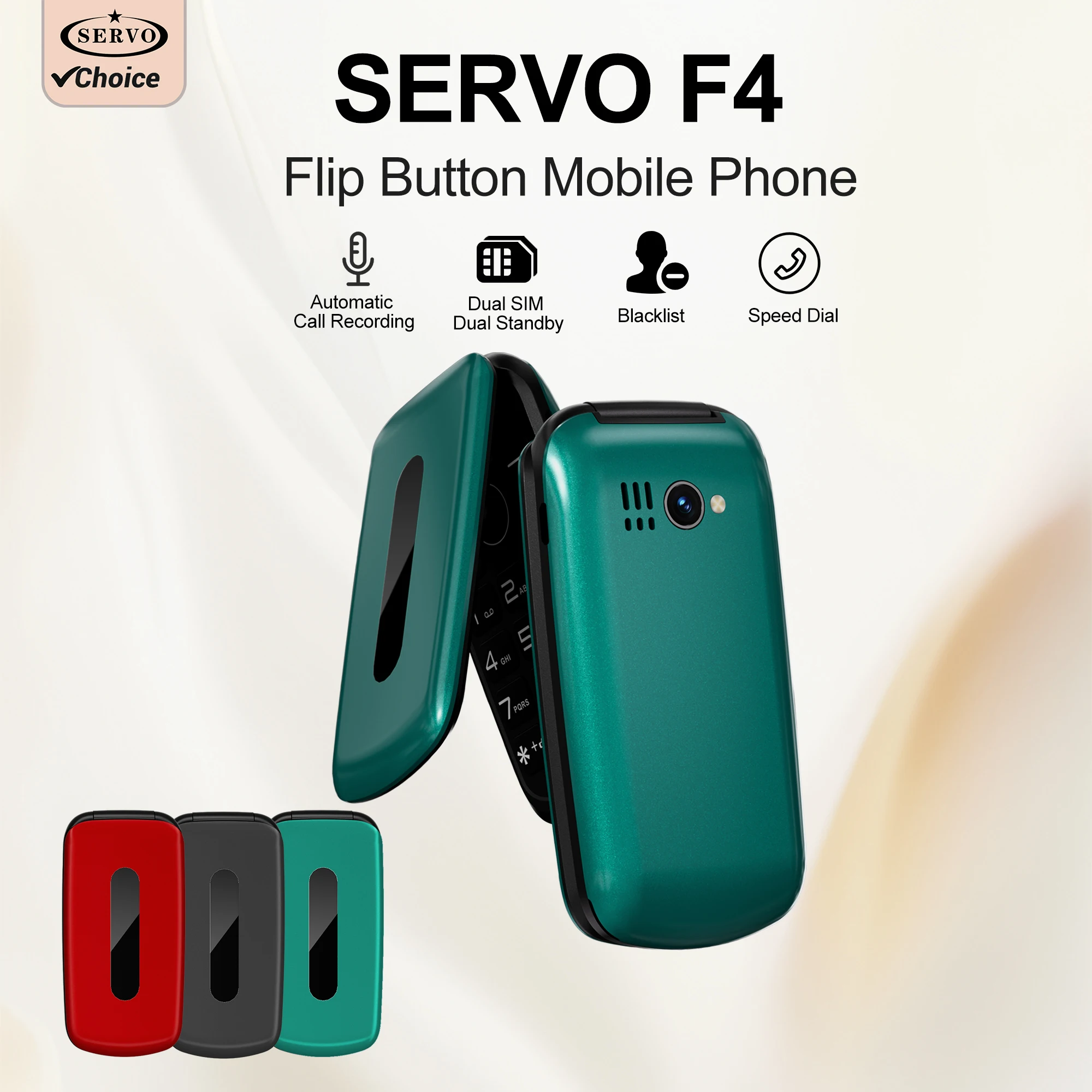 SERVO F4 Flip Mobile Phone 2G GSM 2 SIM Card Blacklist Speed Dial Auto Call Record Flashlight 180°Fold Button Cellphone FM Radio