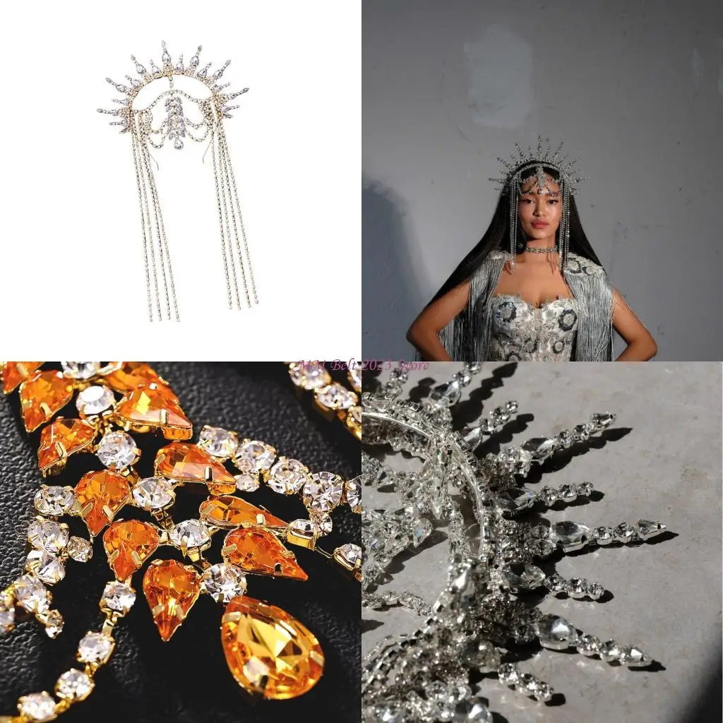

49ME Ethnic Rhinestones Tassels Crownpiece Hairband for Wedding and Evening Parties