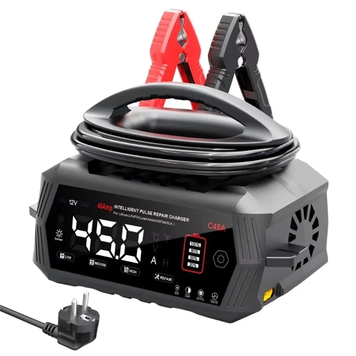 HOT C45A Fast Smart Car Battery Charger 12V 24V Moto 9-Stage Pulse Repair Maintainer LiFePO4 Lead WET RV Battery EU Plug 【SPECIA