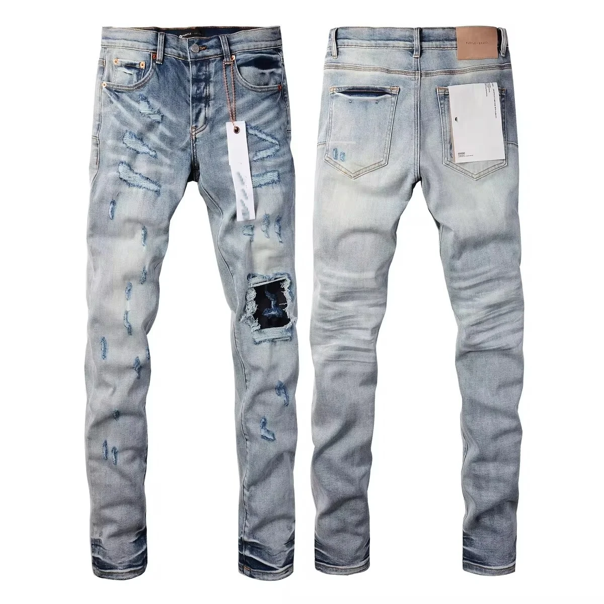 

NEW Top Quality Purples Jeans Men High Street Blue Hole Patch Light Color Repair Low Raised Tight Denim brand Pants