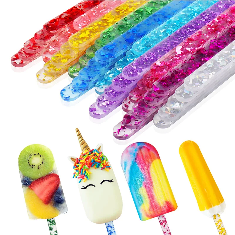 10pcs Acrylic Ice Cream Sticks Sequin Candy Lollipop Rod Popsicle Sticks Hawaii Wedding Birthday Supply Kitchen Model Stick