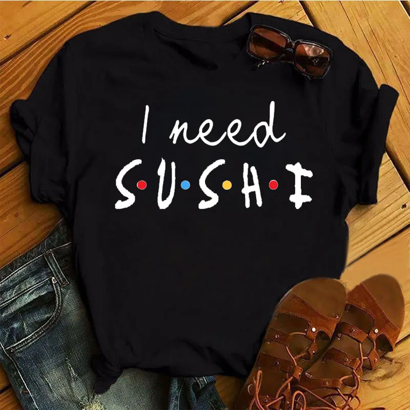 Women Black T-shirts Summer Cute Sushi hug Short Sleeve Tees shirt femme 2022 Summer O-Nock Kawaii Clothing Tops Ladies T shirt